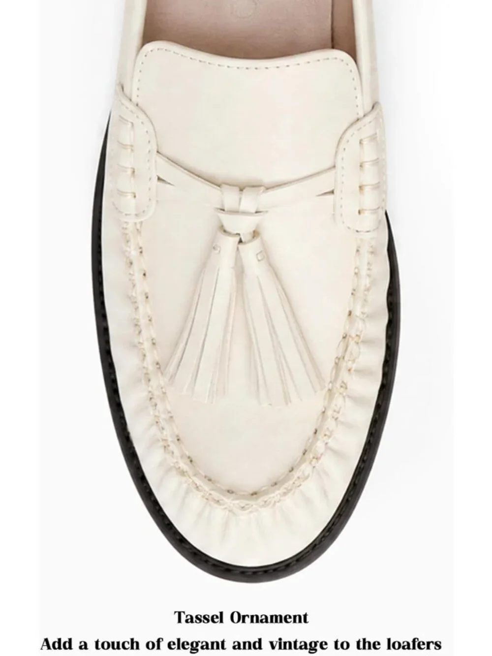 Women's Beige Faux Leather Comfortable Tassel Slip On Flats Closed Toe Shoes